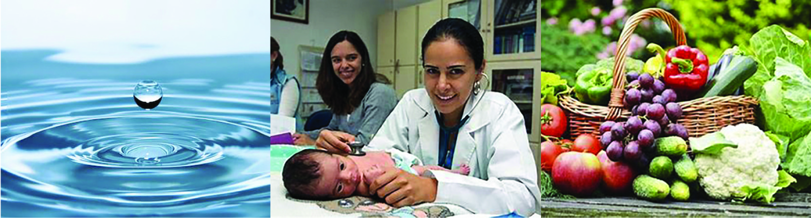 A collage featuring a water droplet, a doctor with a baby, and a basket of fresh vegetables and fruits.